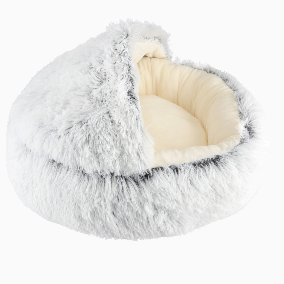 Arctic Gray Fur Calming Pet Nest Bed to Soothe Cats and Dogs