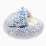 Inside Icy Blue Plush Calming Pet Nest Bed