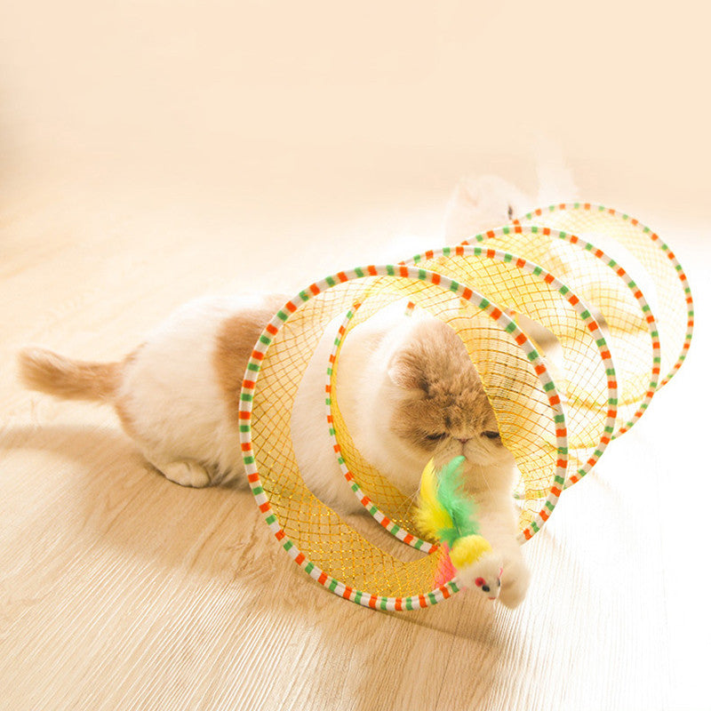 Spiral Cat Tunnel Toy in use, cat reaching for mouse toy end