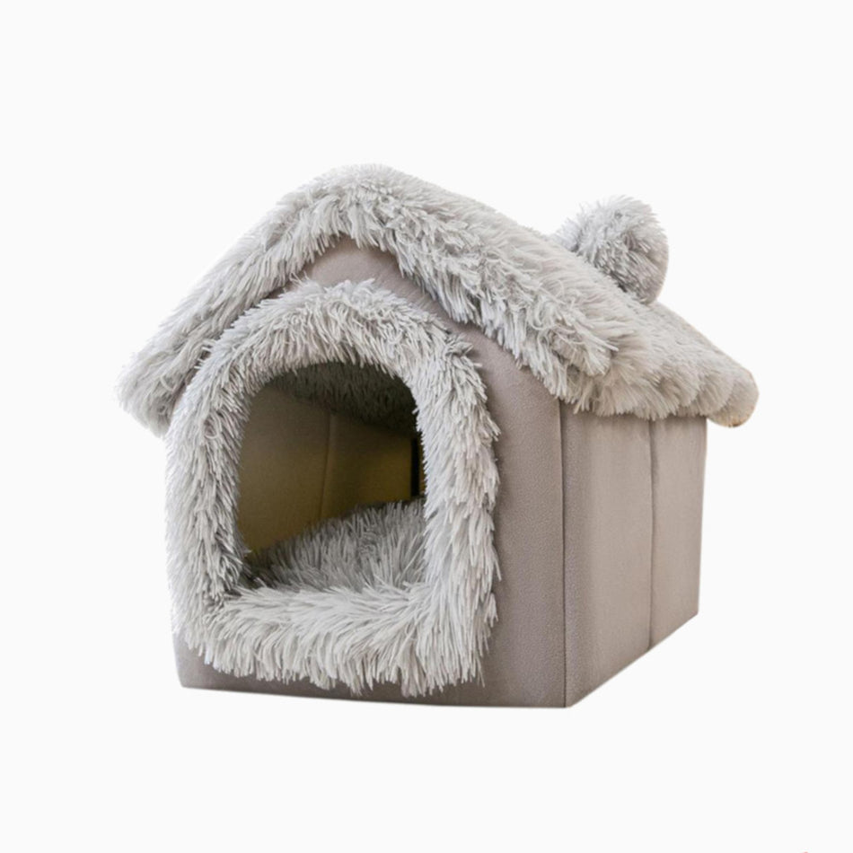 Cozy Pet House Bed - Enclosed Roof for Cats and Dogs - Gray Medium