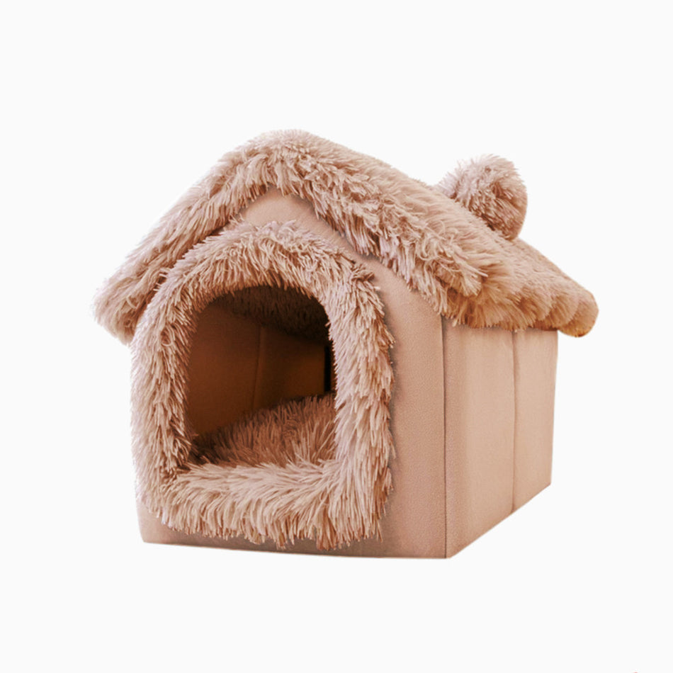 Brown Cozy Pet House Bed - Enclosed Roof for Cats and Dogs