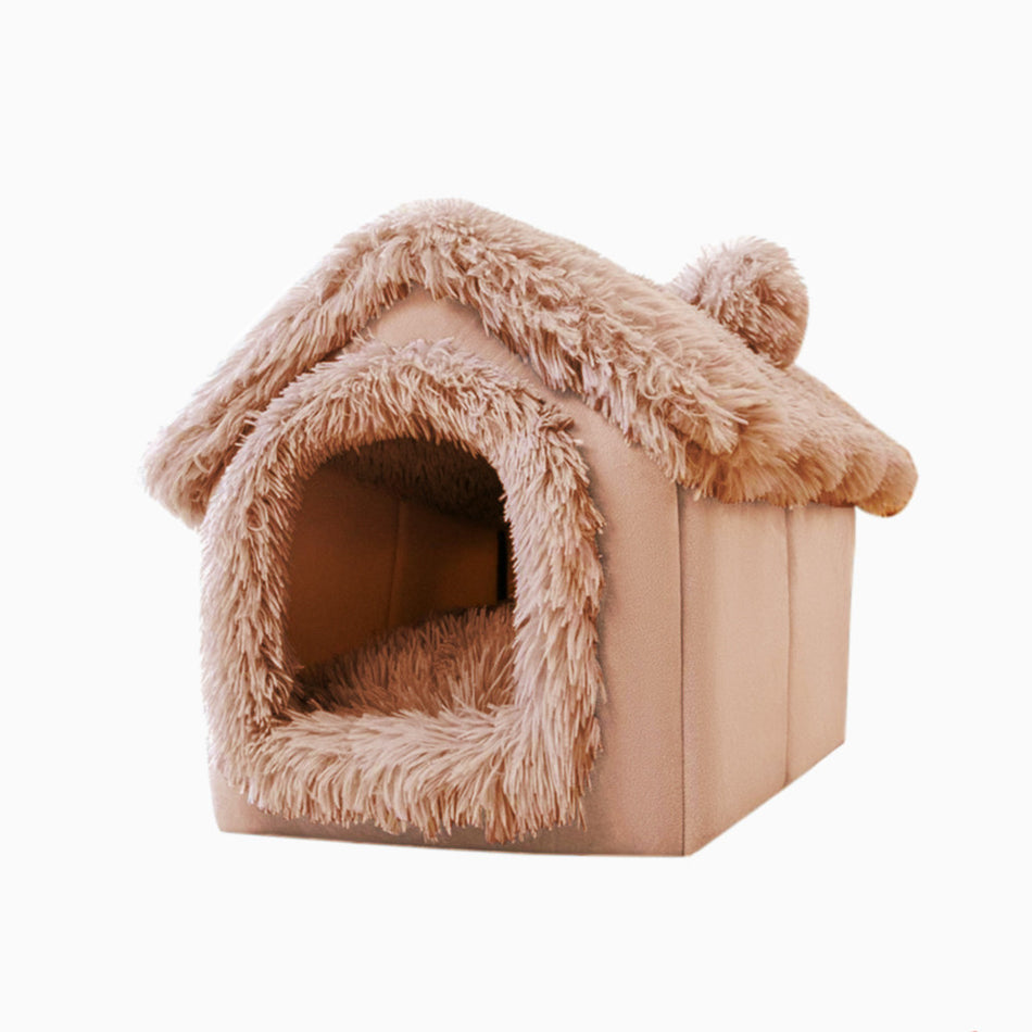 Brown Cozy Pet House Bed - Enclosed Roof for Cats and Dogs 