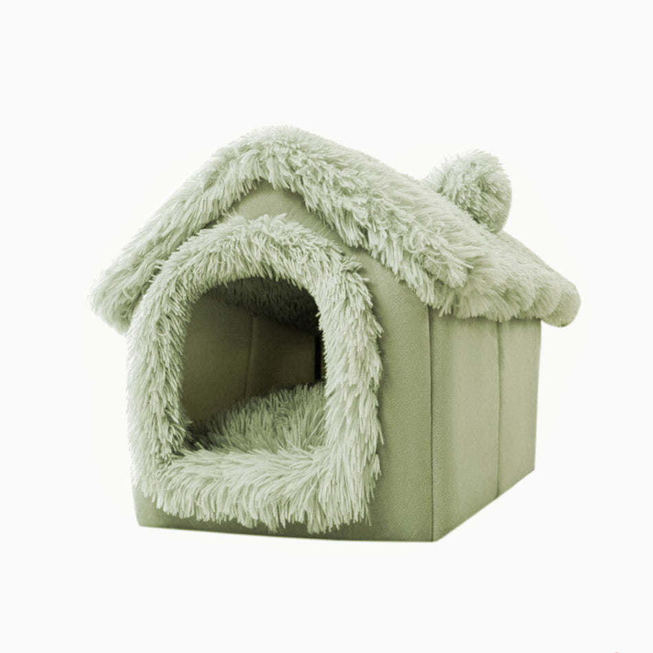 Green Cozy Pet House Bed - Enclosed Roof for Cats and Dogs 