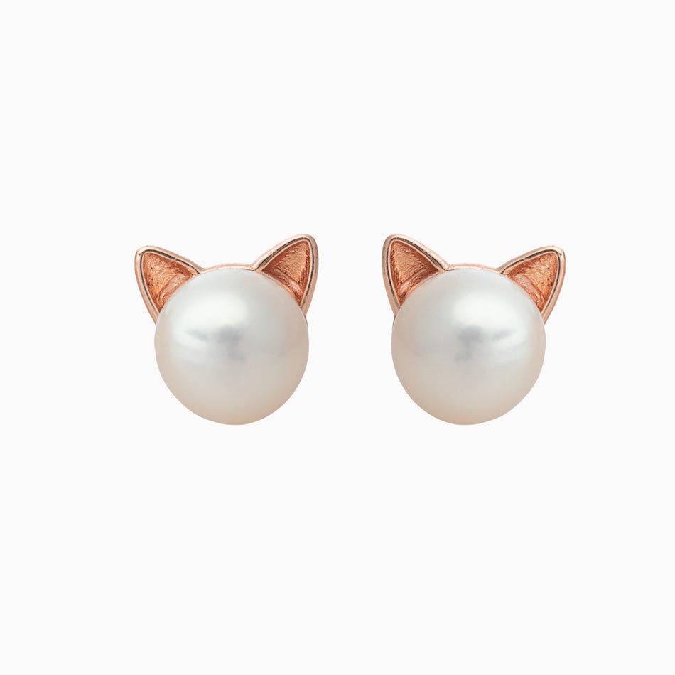 Rose Gold Pearl Cat Earrings