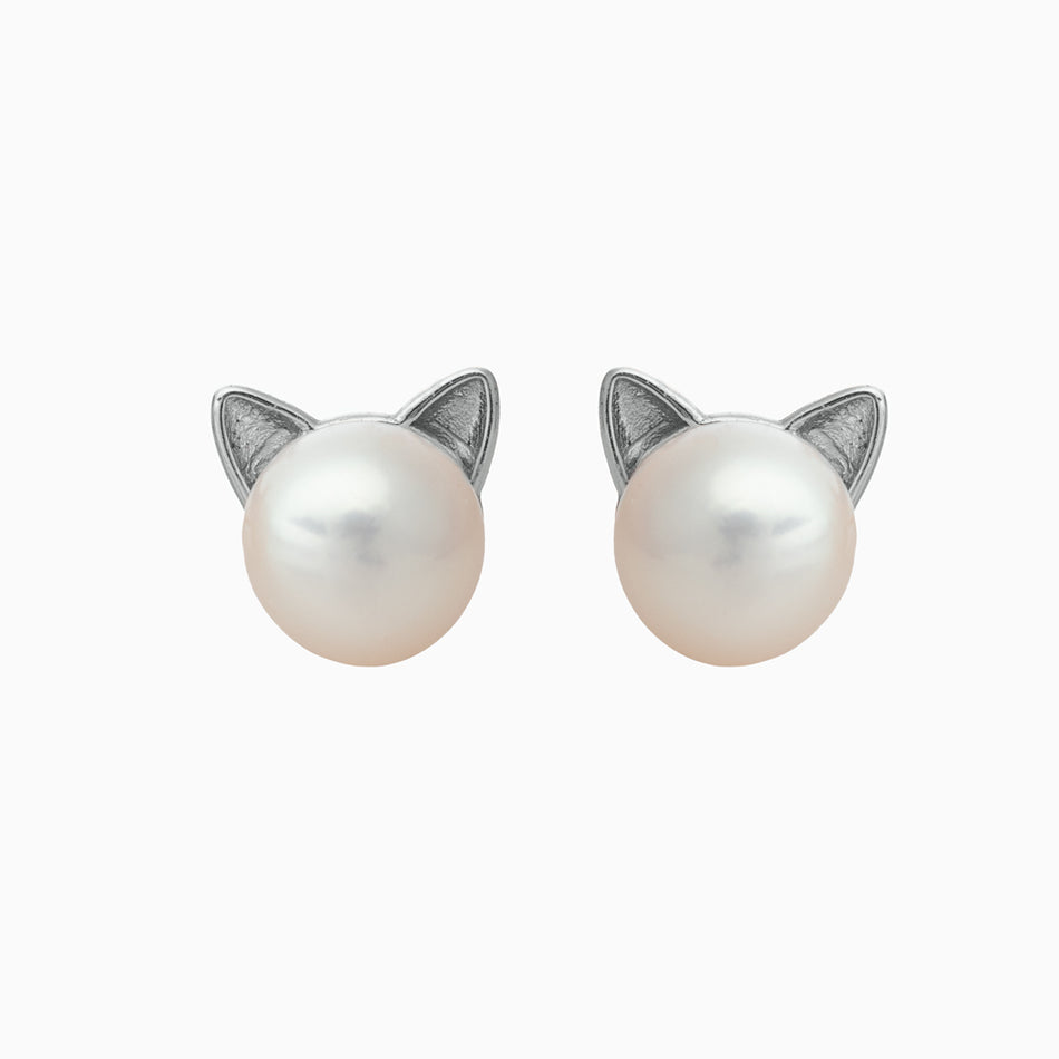Silver Pearl Cat Earrings